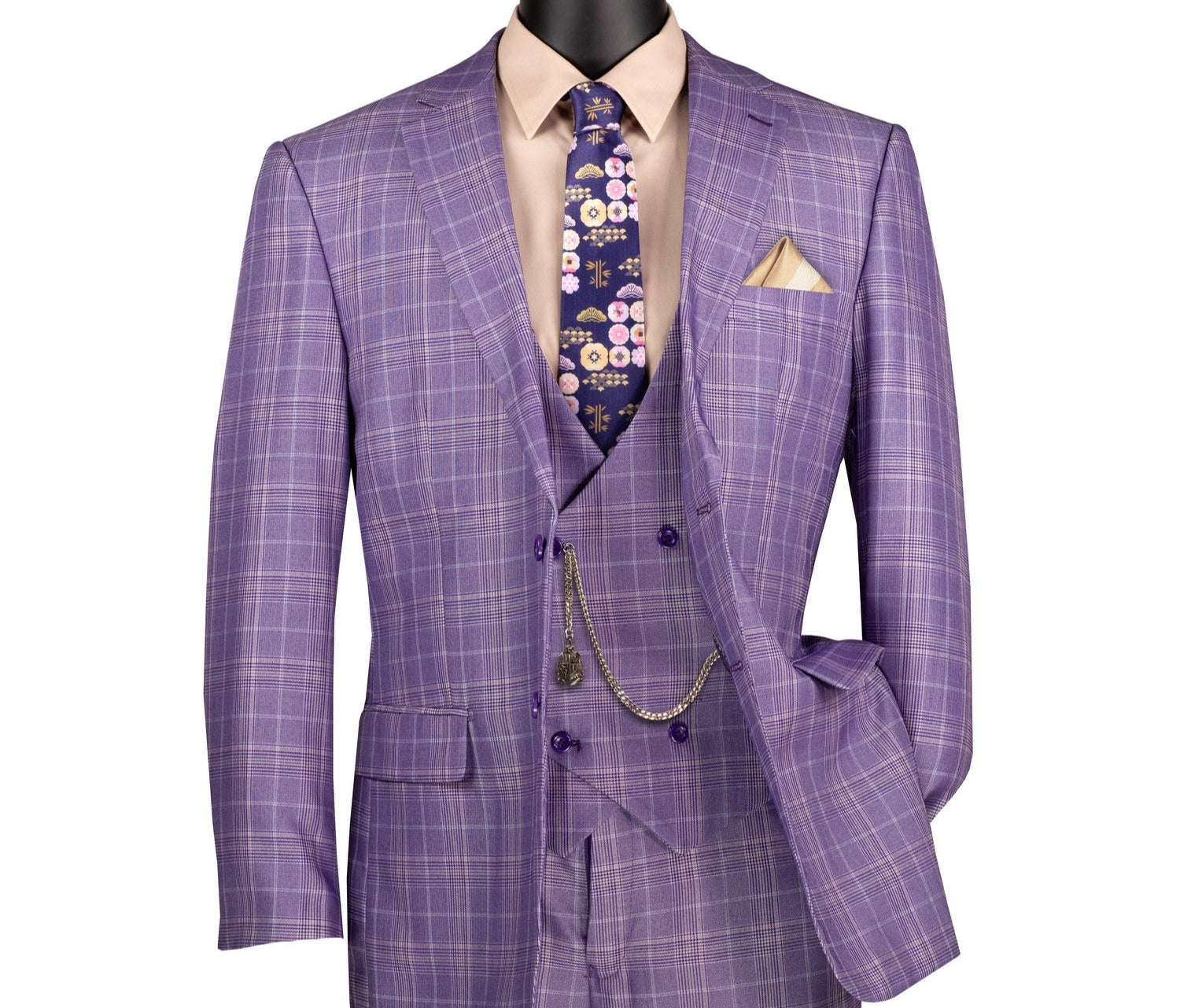 Close up of light purple glen plaid fabric pattern on suit