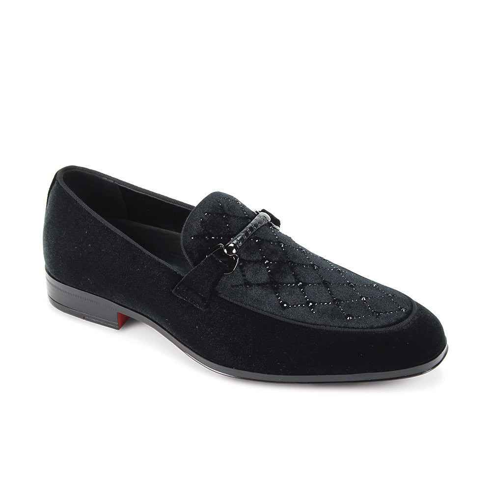 men’s black velvet moc toe bit slip-on loafers with crystal lattice design