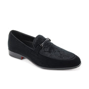Black Velvet Moc Toe Bit Slip-On Loafers with Crystal Lattice Design
