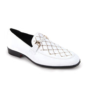 White & Gold Velvet Moc Toe Bit Slip-On Loafers with Crystal Lattice Design