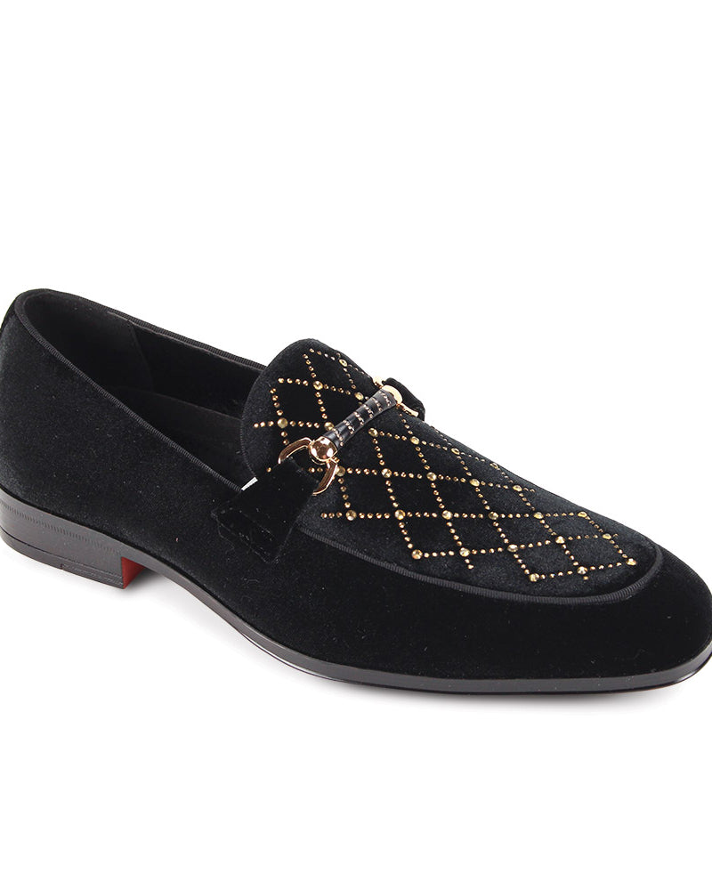 men’s black and gold velvet moc toe bit slip-on loafers with crystal lattice design