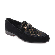 Black & Gold Velvet Moc Toe Bit Slip-On Loafers with Crystal Lattice Design