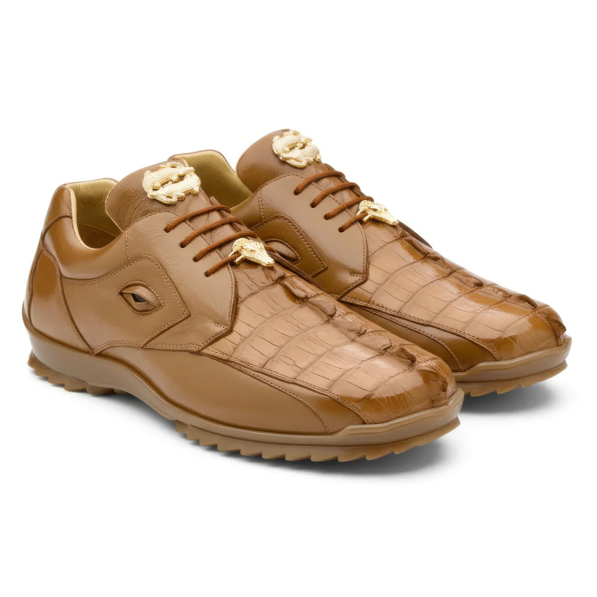 Pair of Saddle hornback caiman and calf leather Vasco sneakers by Belvedere