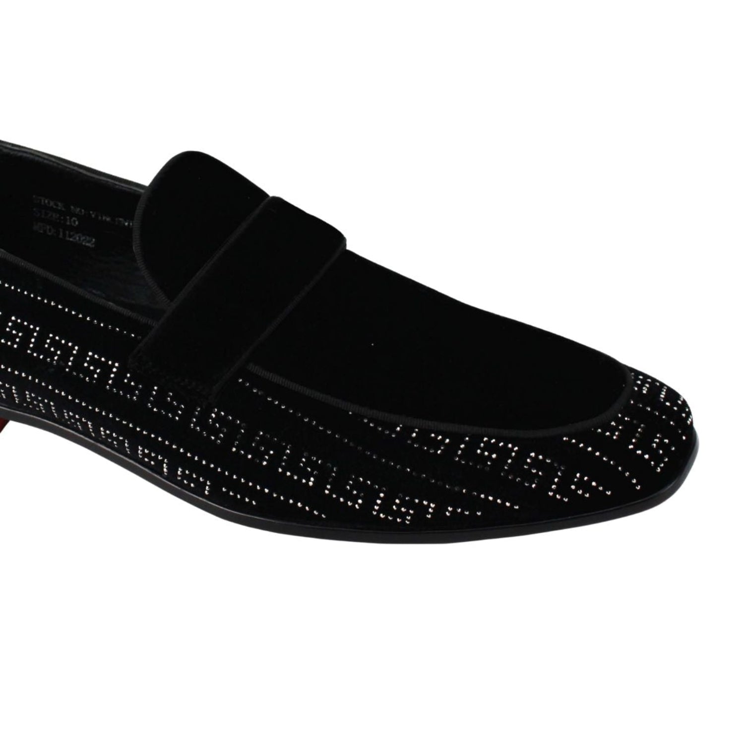 black and silver crystal studded velour moc toe smoking shoe side view close-up