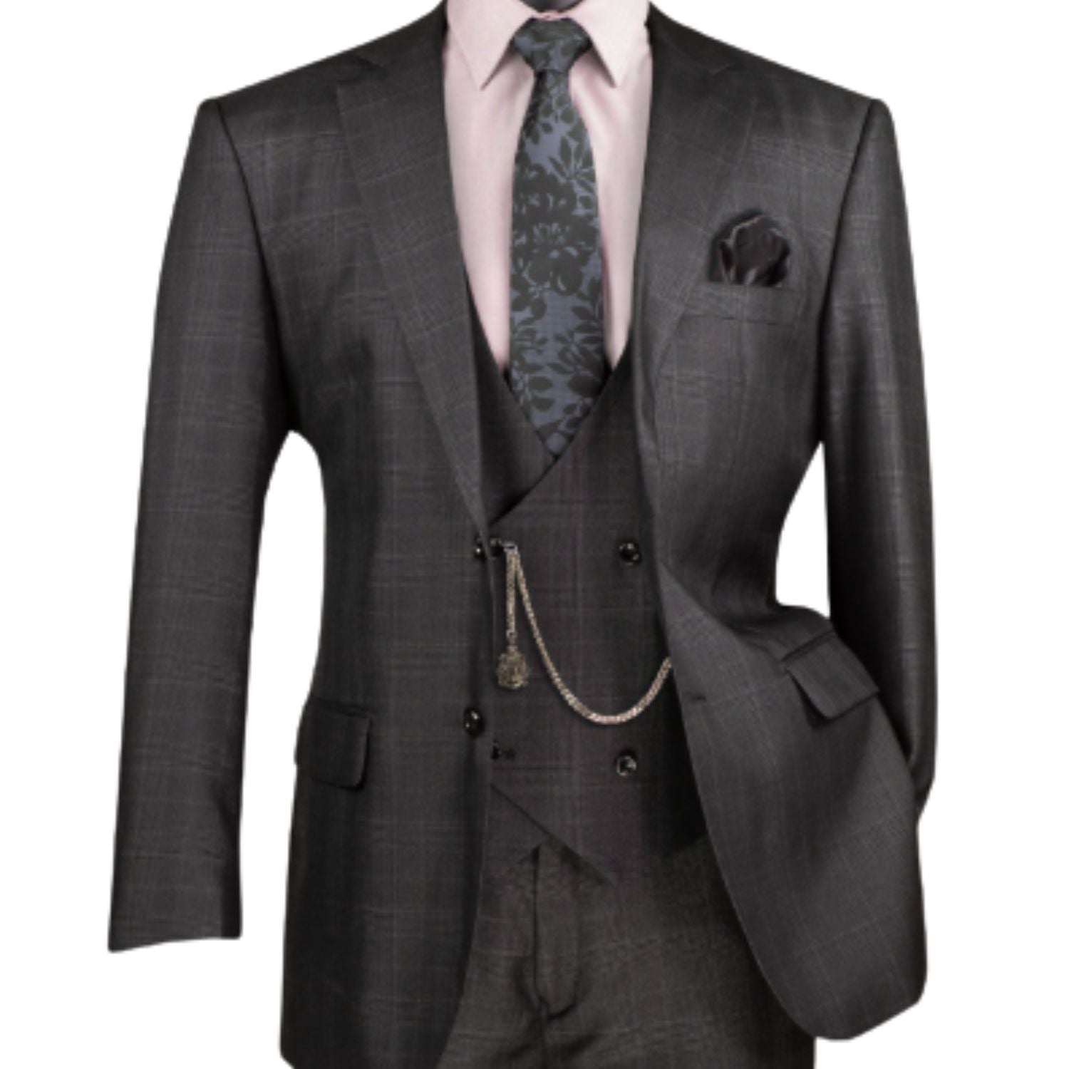 Close up of black glen plaid fabric pattern on suit