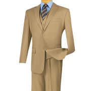 Men’s 3-Piece Solid Suit Regular Fit with Vest - Khaki