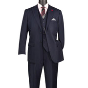Men's 3 Piece Tone-on-Tone Pinstriped Single Breasted Regular Fit Suit - Navy