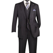 Men's 3 Piece Tone-on-Tone Pinstriped Single Breasted Regular Fit Suit - Black