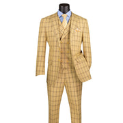 Men’s 3-Piece Windowpane Modern Fit Suit with Vest and Flat Front Pants - Tan
