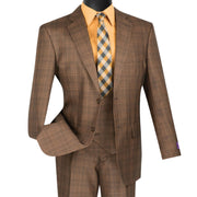 Men’s Classic Fit Glen Plaid 3 Piece Suit with Adjustable Waistband - Chestnut