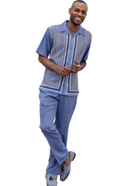 Montique 2 Piece Short Sleeve Walking Suit with Symmetrical Argyle Design - Vista Blue