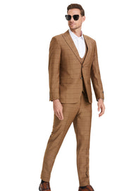 Windowpane 3-Piece Slim Fit Suit with Double-Breasted Vest - Walnut