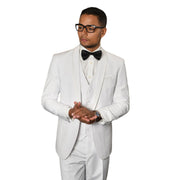 3-Piece White Tuxedo with Bow Tie and Flat Front Pants - White
