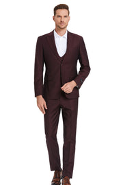 Windowpane 3-Piece Slim Fit Suit with Double-Breasted Vest - Wine