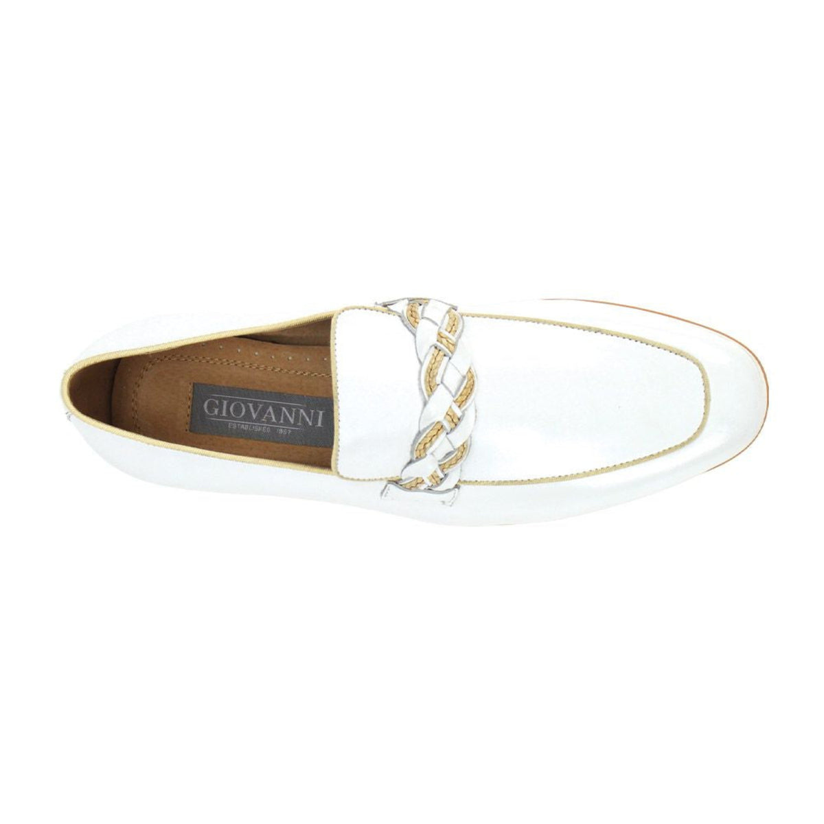 white moc toe leather slip-on shoe with woven strap top view