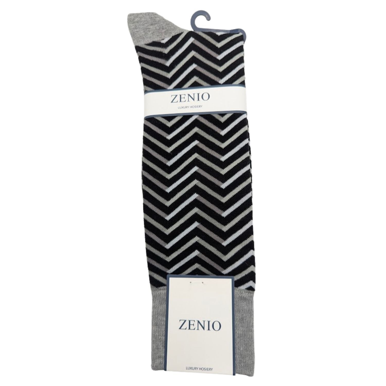 black gray dress socks with fine stripe chevron design on hanger