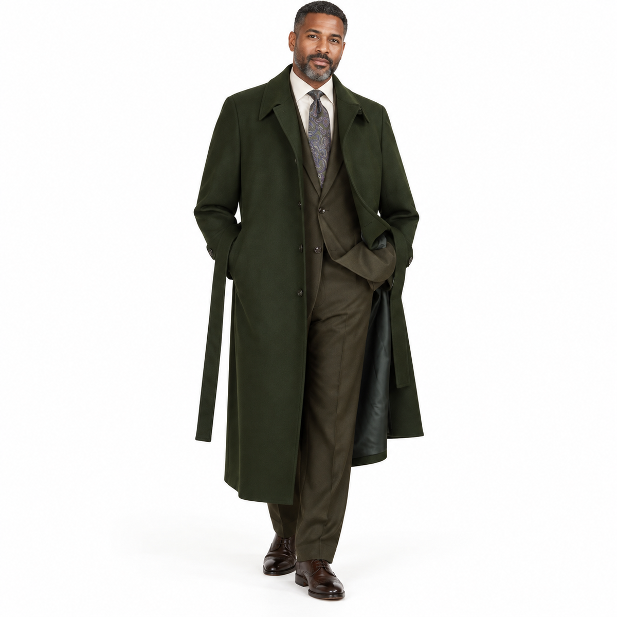 Green Belted Wool Gabardine Duster Coat - model view