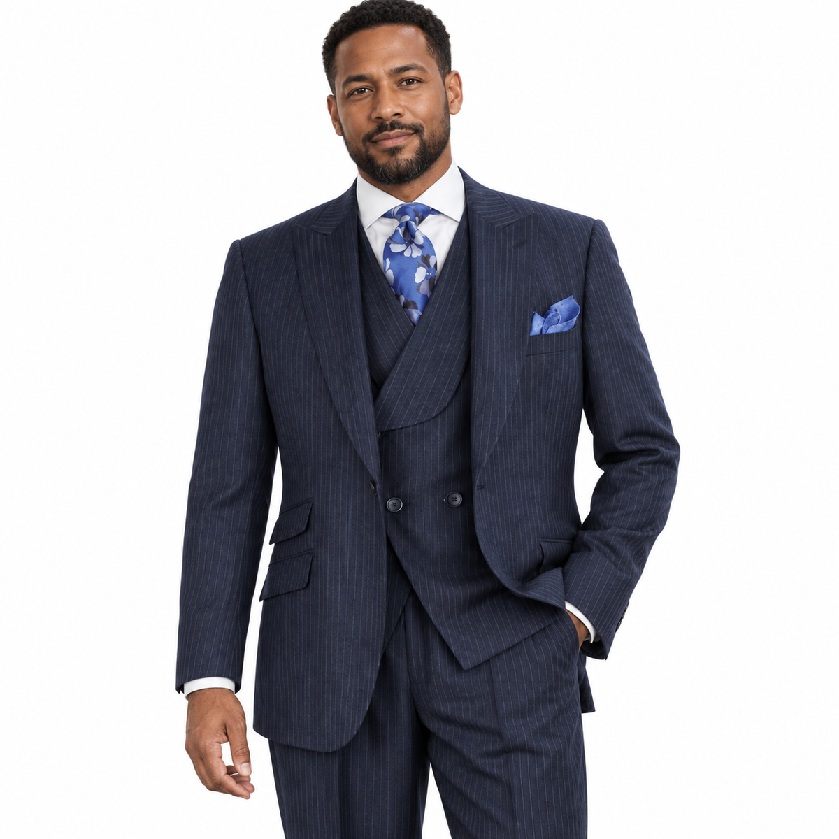 Navy Stripe 3-Piece 100% Wool Suit - model view