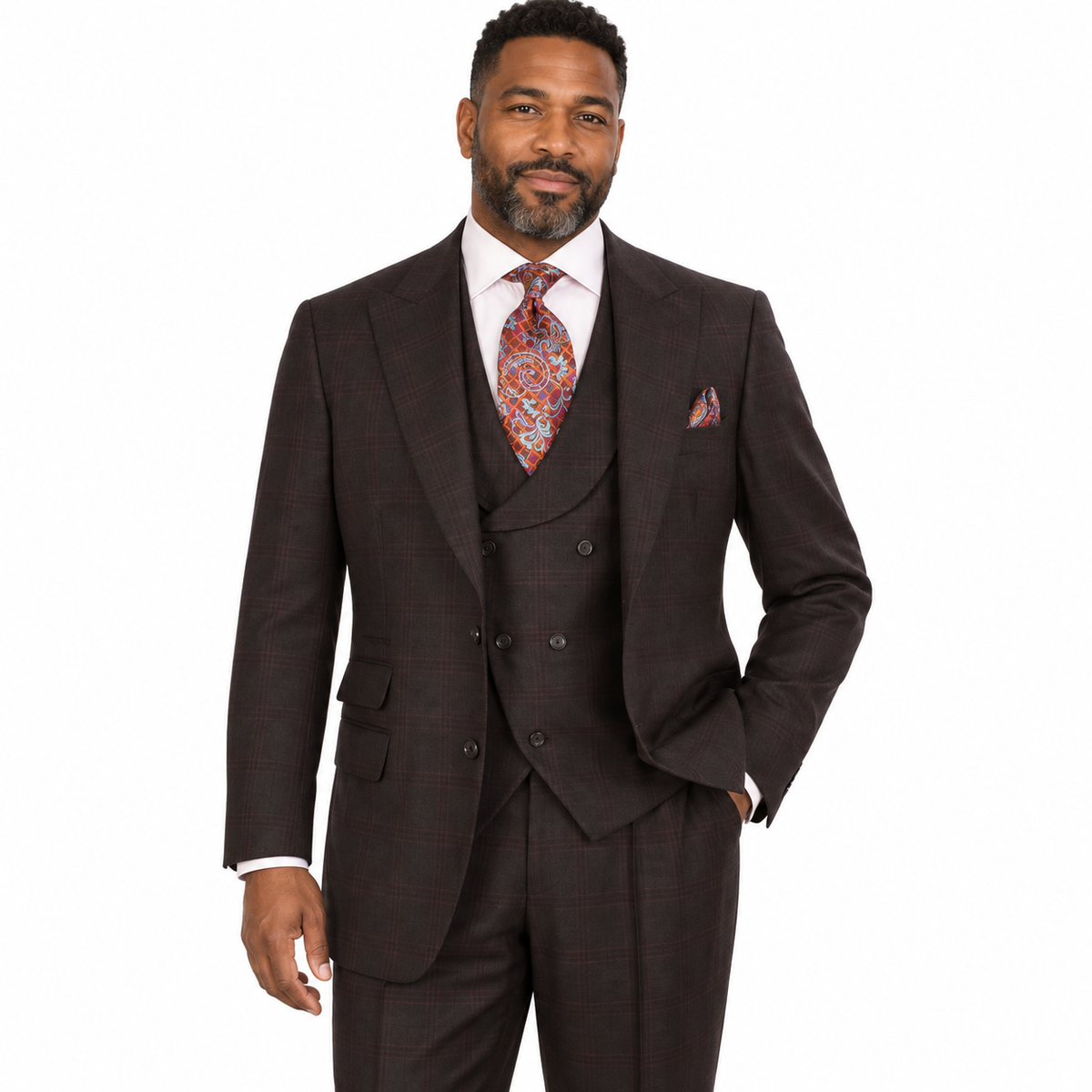 Brown Windowpane 3-Piece 100% Wool Suit - model view