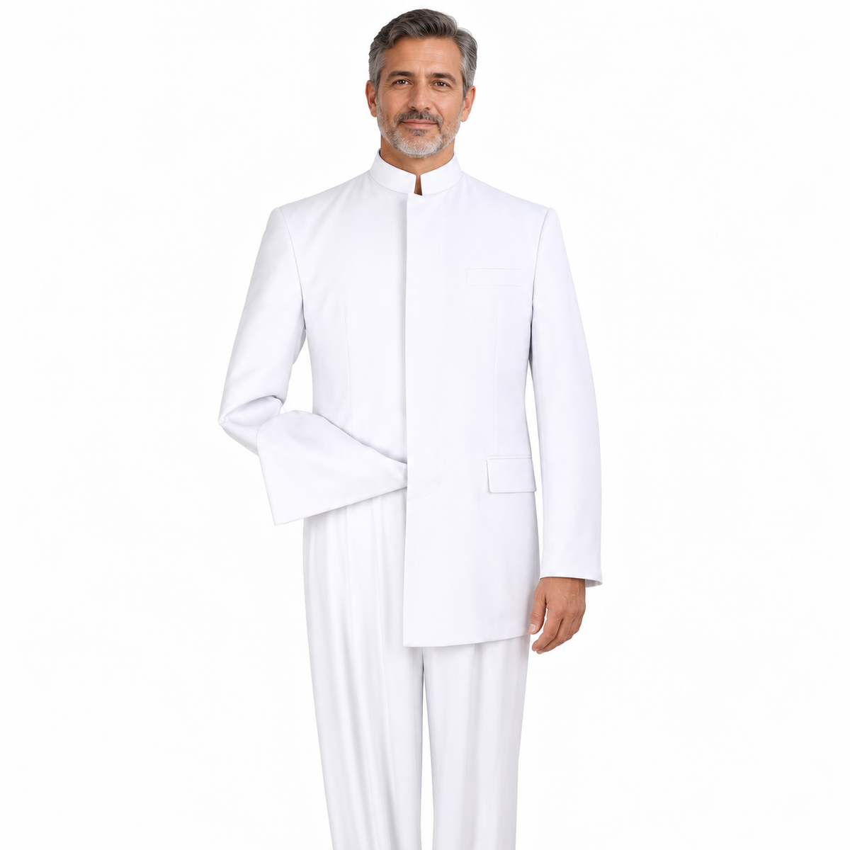 White 2-Piece Hidden-Button Clergy Suit - model view