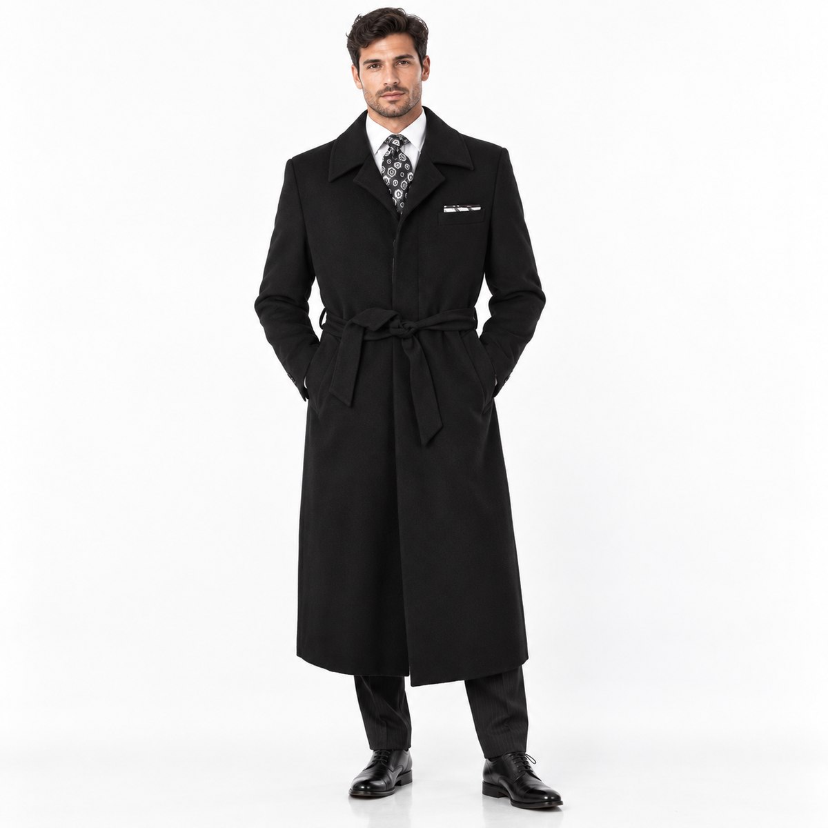 Black Belted Microfiber Duster Coat - generated model view