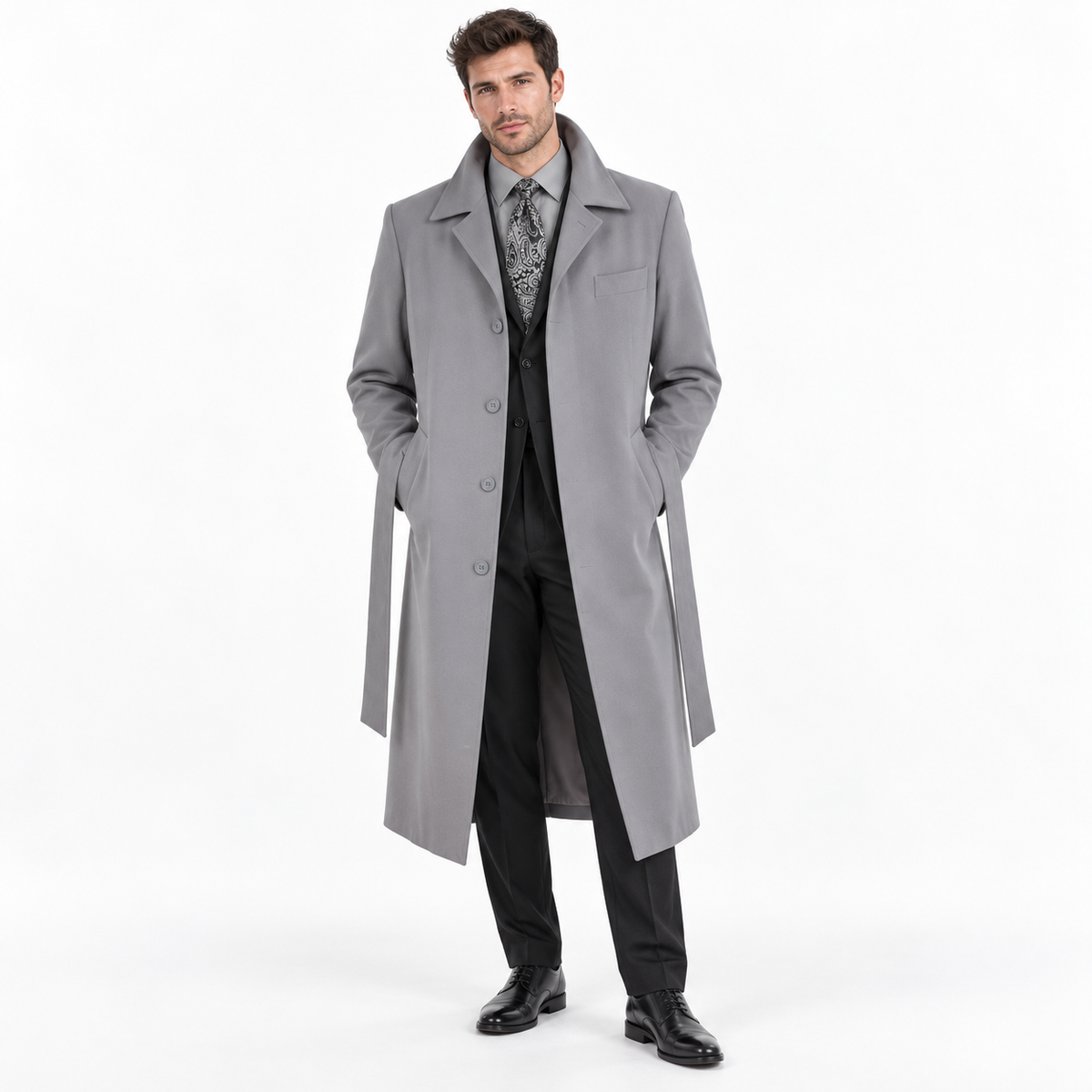 Gray Belted Microfiber Duster Coat - generated model view