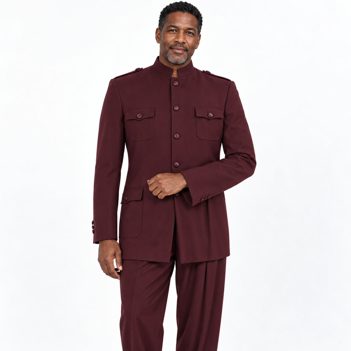Burgundy Burgundy 2-Piece Mandarin-Collar Fashion Suit generated model view