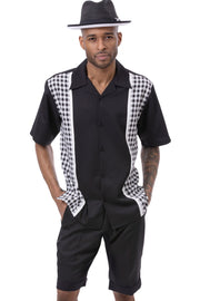Montique Black Checker Plaid Color Block 2-Piece Short Sleeve Walking Suit Shorts Set