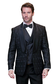 3-Piece Modern Fit Tuxedo with Satin Side Stripe Pants and Bow Tie - Black