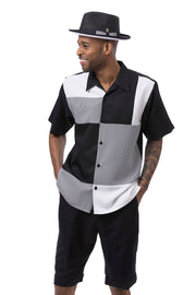 Black Houndstooth Color Block 2-Piece Walking Suit Shorts Set