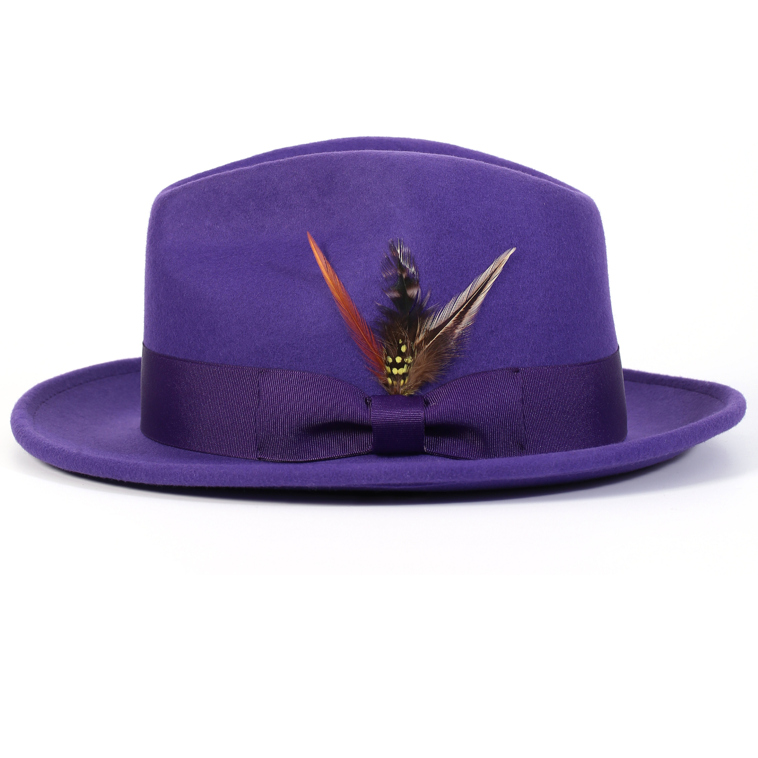 blackberry felt fedora pinch crown hat with feather detail
