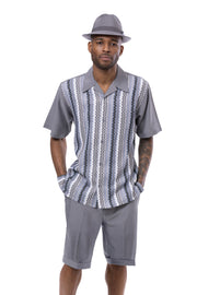 Grey Vertical Weave Pattern 2-Piece Short Sleeve Walking Suit Shorts Set