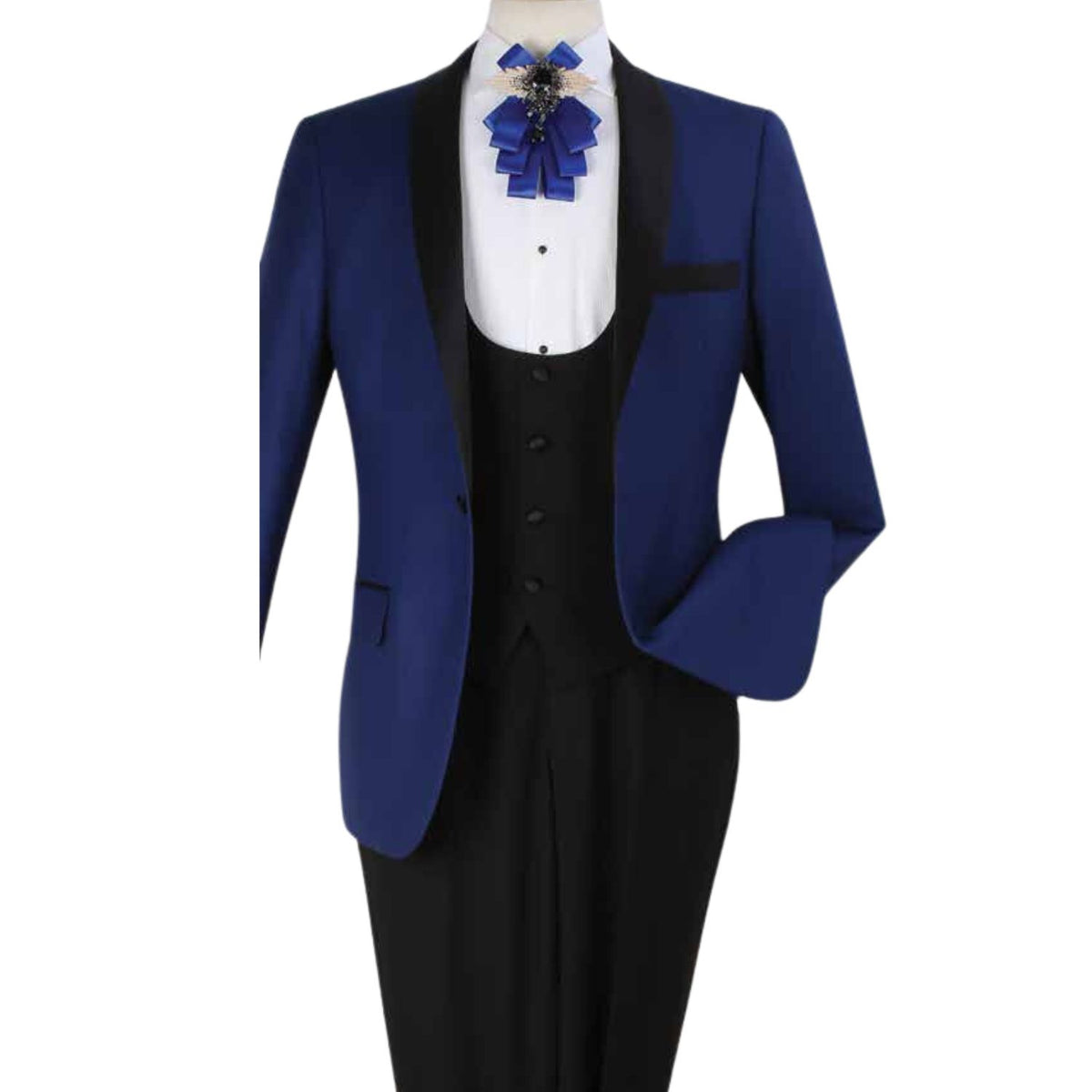 Mens 3pc Vested Slim Fit 2 Button Tuxedo in Blue with Satin Trim main image 1