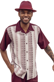 Men's Plaid 2-Piece Short Sleeve Walking Suit Set - Burgundy
