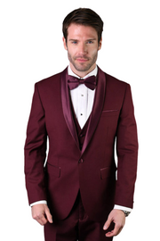 3-Piece 100% Wool Shawl Lapel Tuxedo for Men - Burgundy