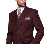 Pan Prestige Collection: 3PC Modern Fit Solid Color Suit With Super 150's Italian Wool In Burgundy