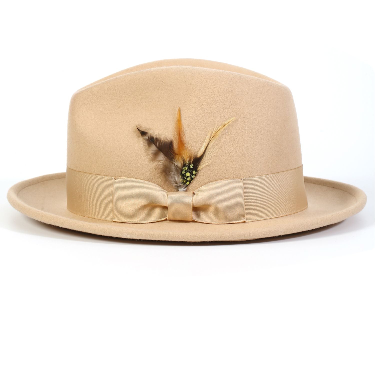 camel montique olive wool felt fedora hat with 2.5 inch wide brim