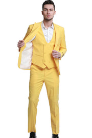 3-Piece Slim Fit Solid Suit with Peak Lapel Vest - Canary