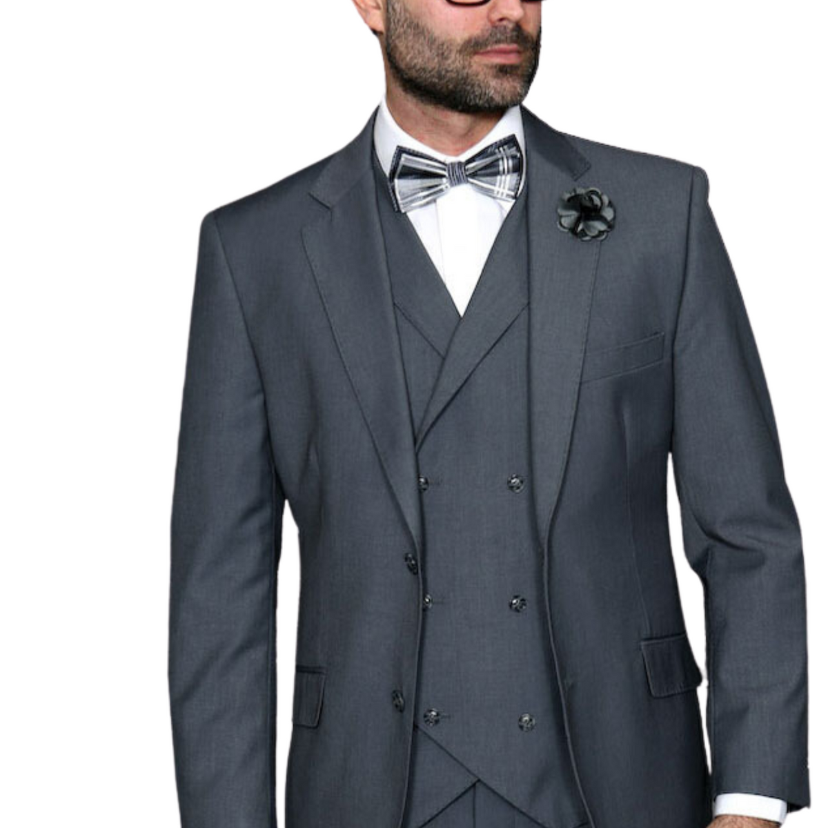Charcoal Grey Windowpane Suit With Double Breasted Vest - Super 150's Wool Suit