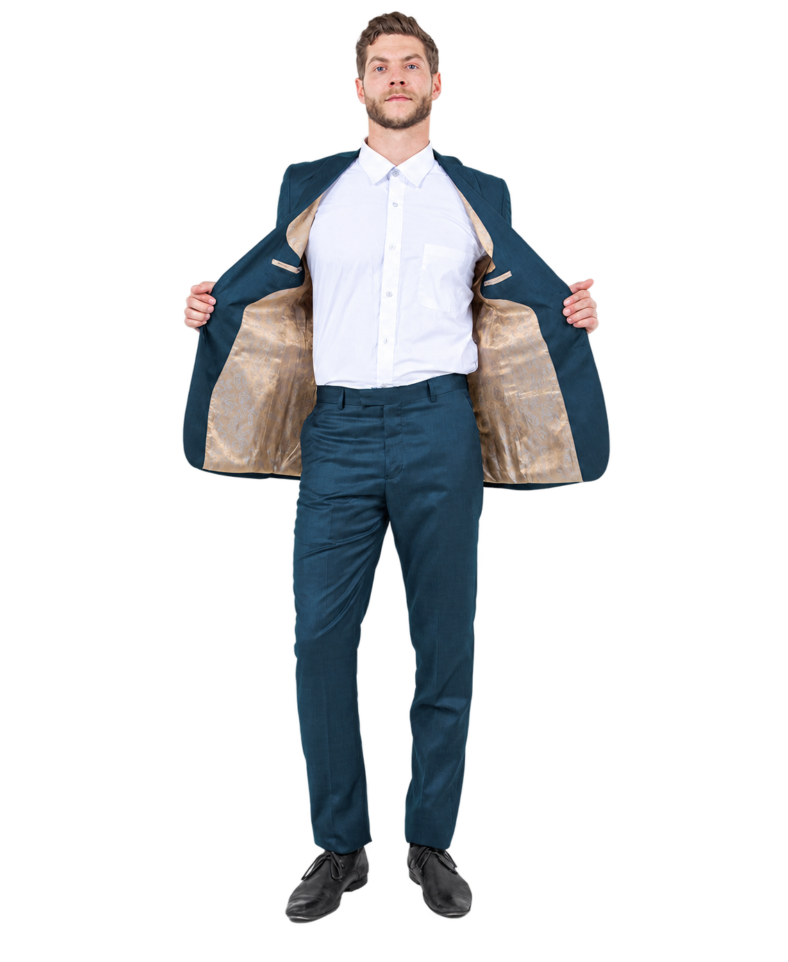 Mid navy slim fit suit, open jacket view