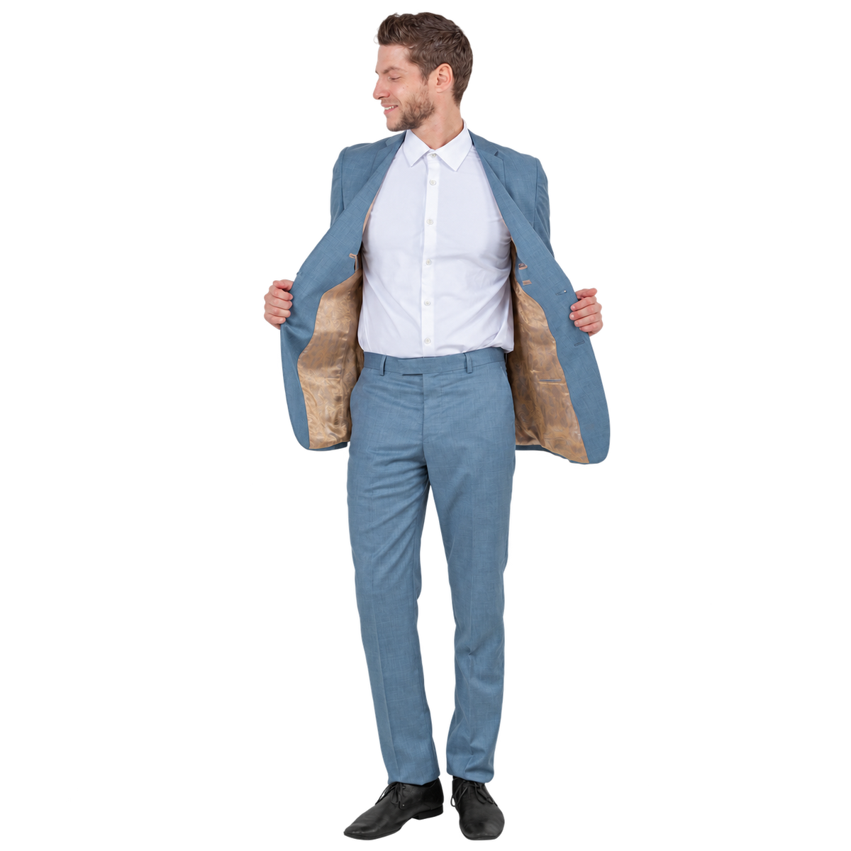 Smoke blue slim fit suit, open jacket view