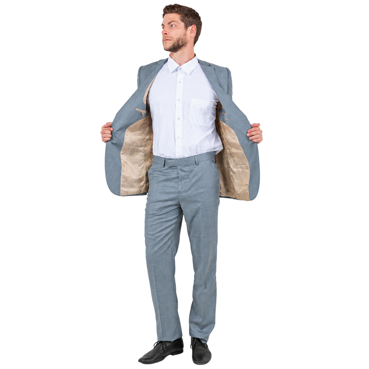 Shark grey slim fit suit, open jacket view
