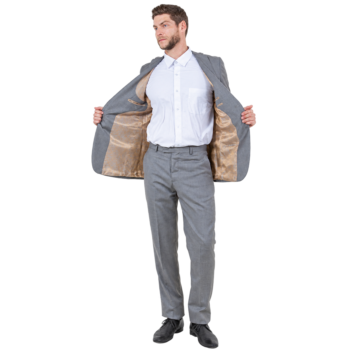 Earth tan slim fit suit, open jacket view