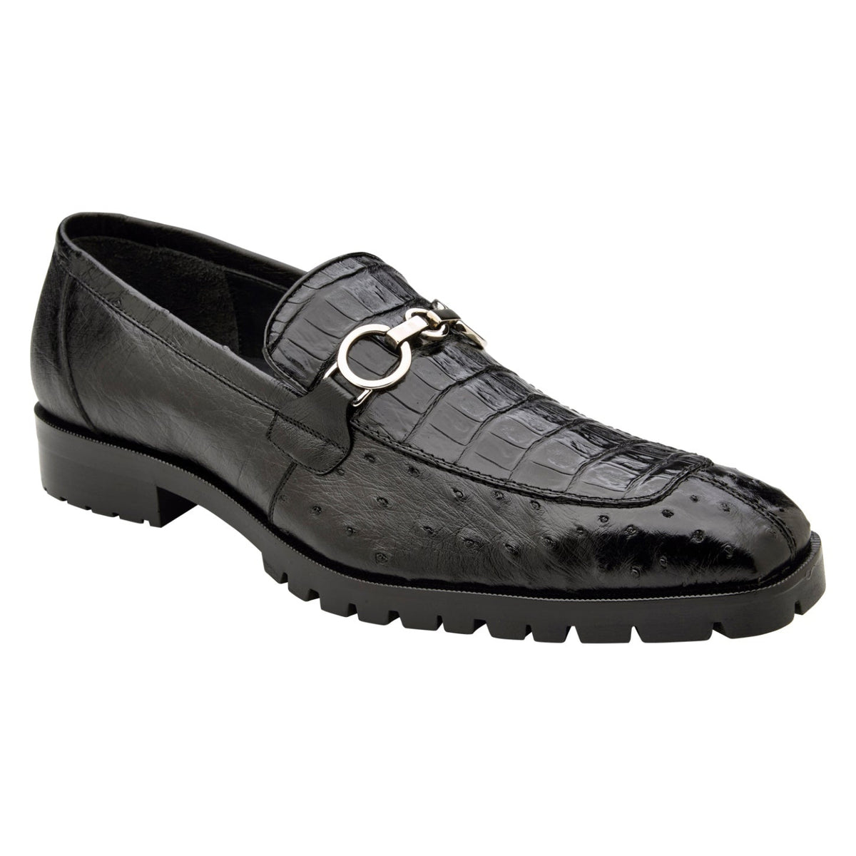 Black caiman and ostrich bit loafer by Belvedere
