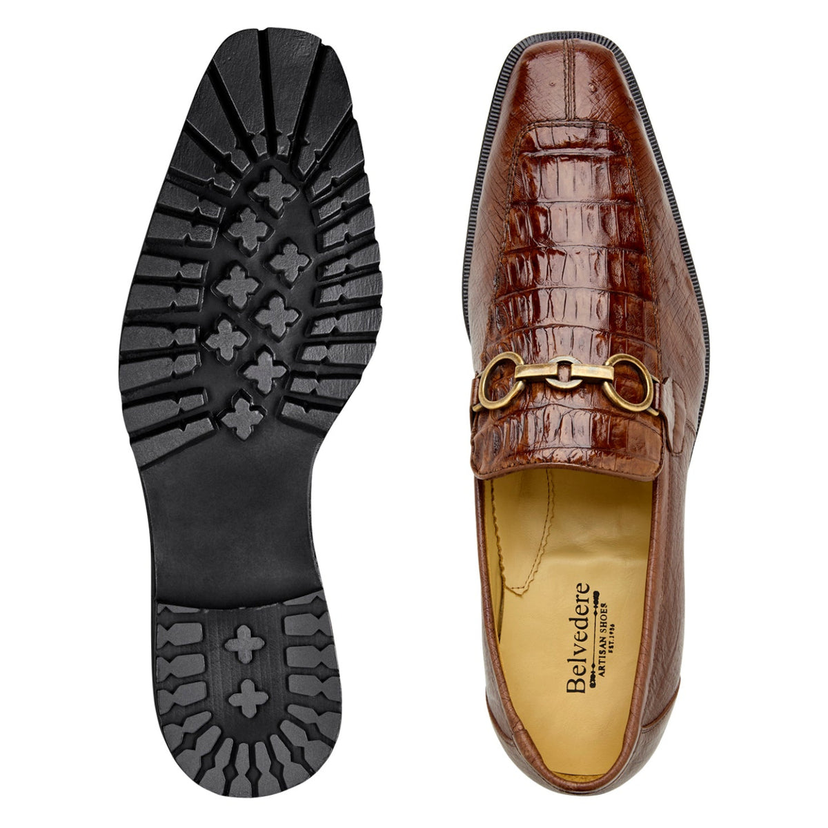 Rubber lug outsole of walnut brown Belvedere bit loafer