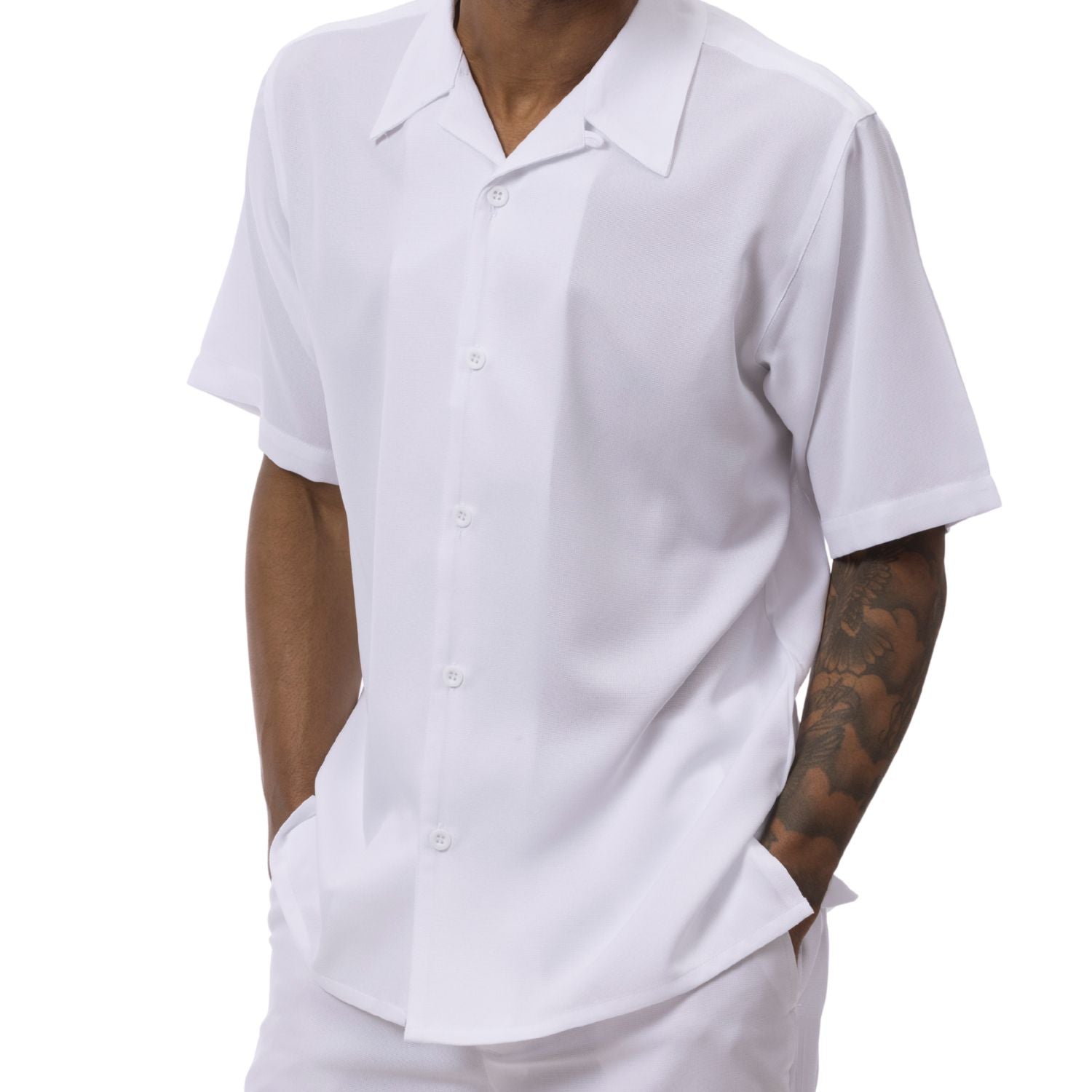 White linen look short sleeve walking suit set side view on a male model.