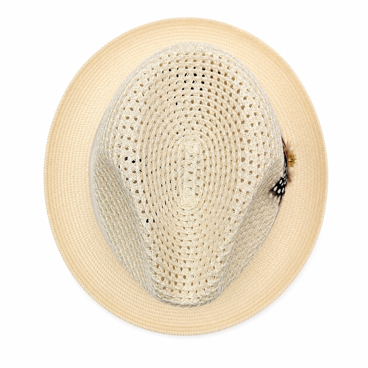 Montique ivory vented straw fedora hat top view with feather detail