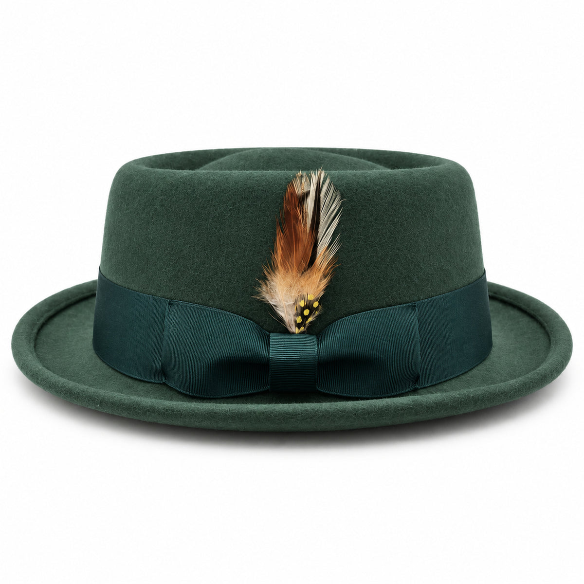 Hunter green pork pie wool felt hat by Montique side view with grosgrain bow and multicolor feather accent