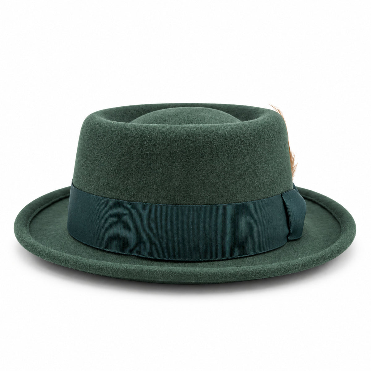 Hunter green pork pie wool felt hat by Montique front view with tonal grosgrain band and rolled brim