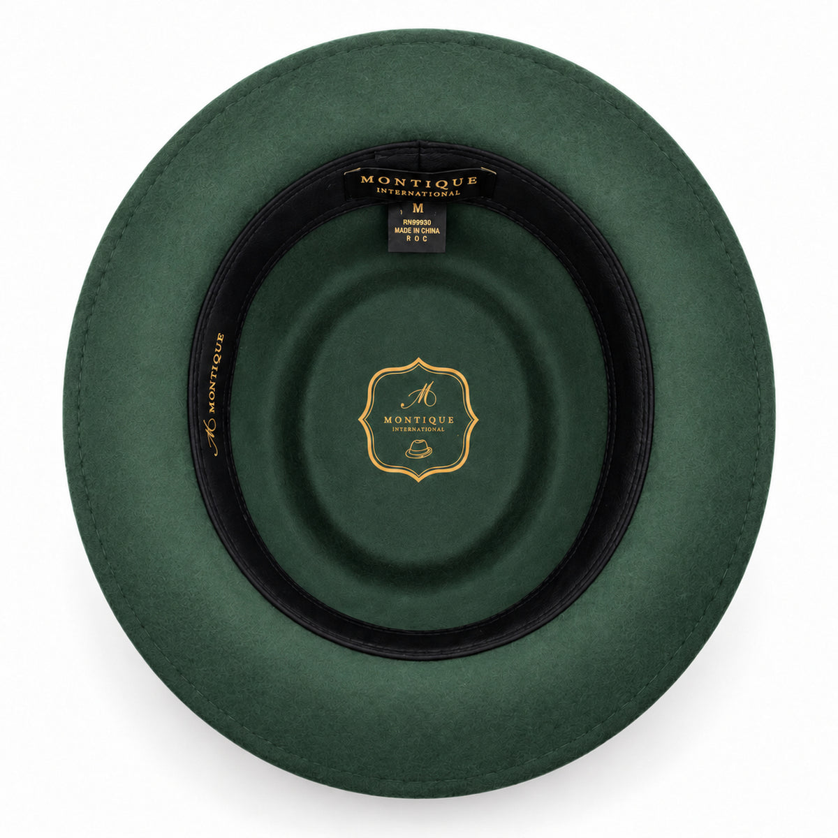 Hunter green pork pie wool felt hat by Montique interior view with branded lining and black sweatband